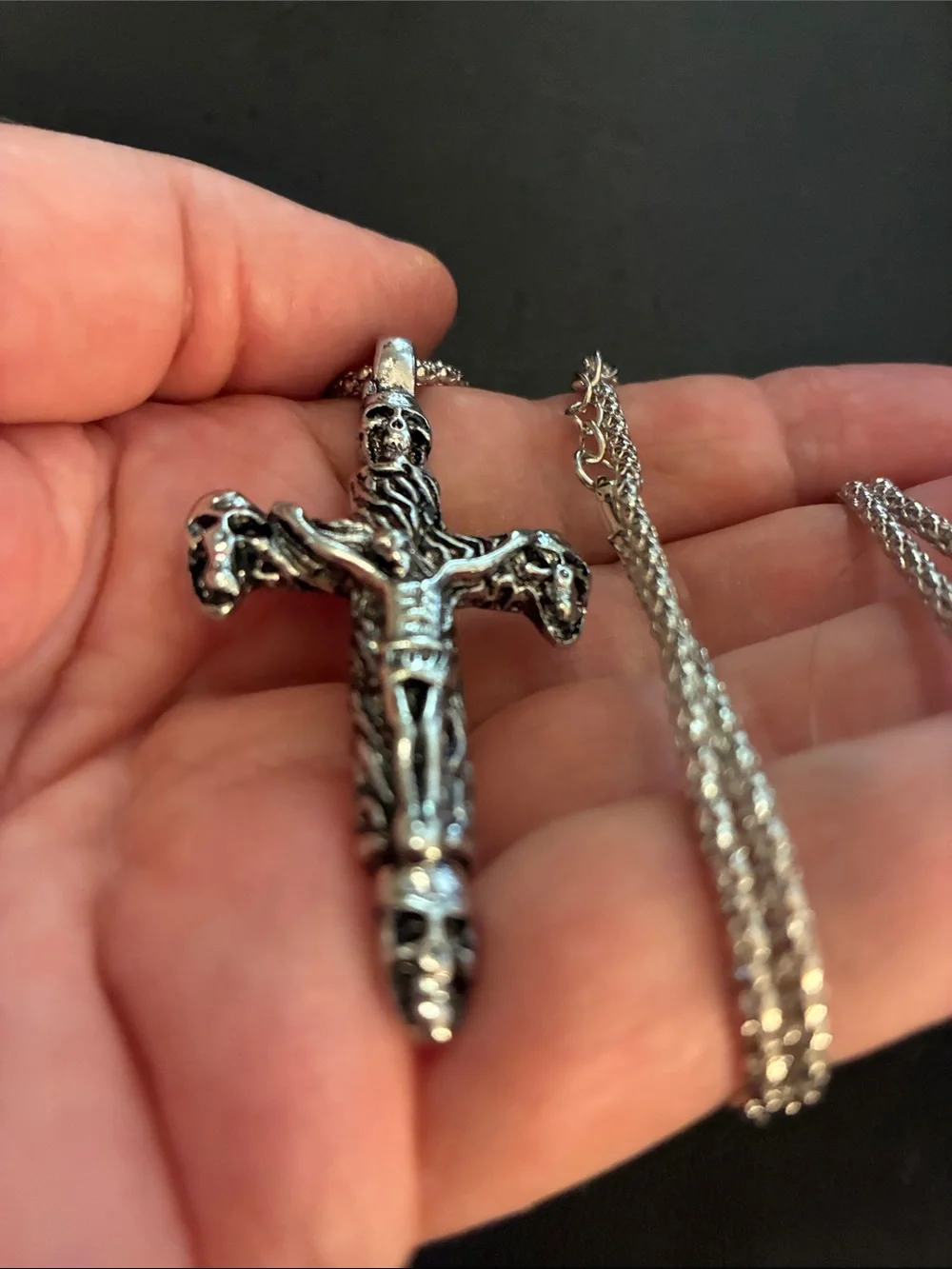 Silver Skull Cross Pendant Necklace - Men